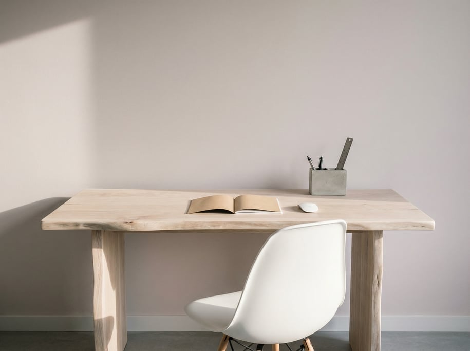 Frontal symmetrical view of an editorial-style study