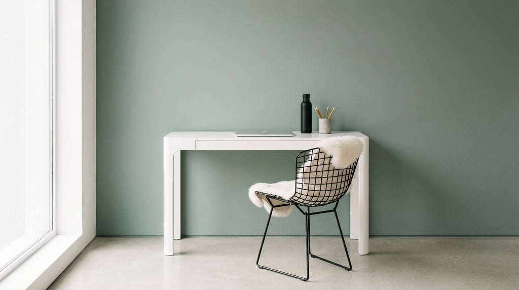 Wide straight-on photograph of a quiet reading and writing nook