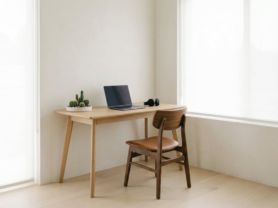 Wide straight-on photograph of a corner home office