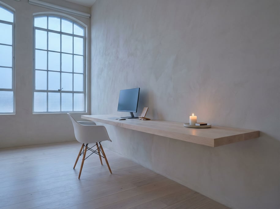 Low-angle photograph looking slightly upward at of a minimal illustration studio