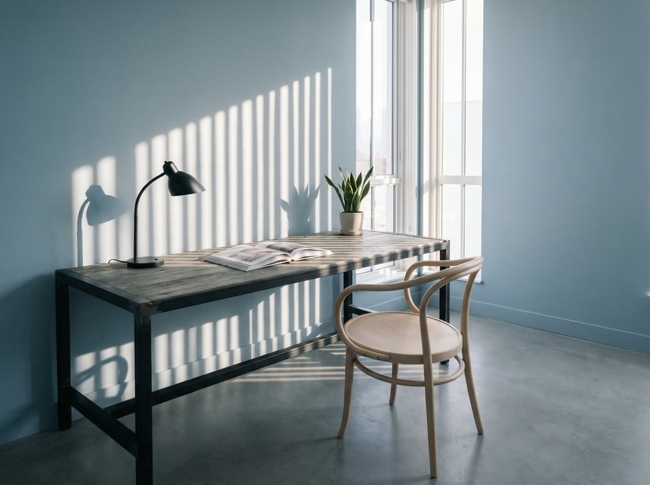 Wide-angle architectural shot of a Japandi study room