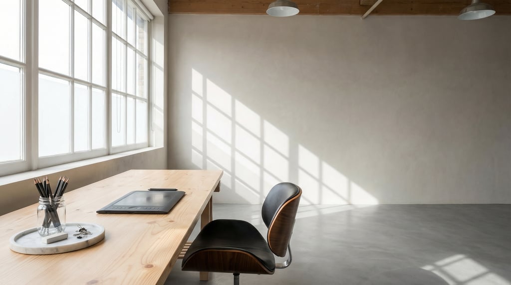 Wide-angle architectural shot of a converted loft workspace