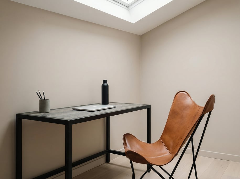 Close three-quarter angle of a compact urban home office