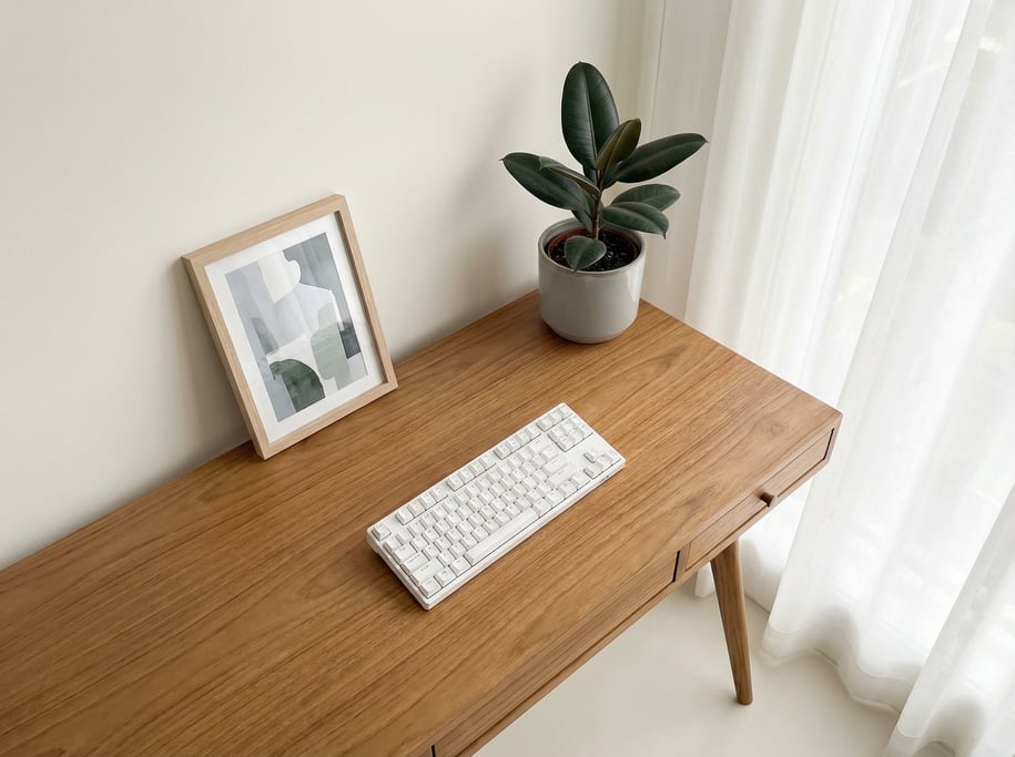 Overhead bird's-eye view looking directly down at a clean teak writing desk with mid-century tapered