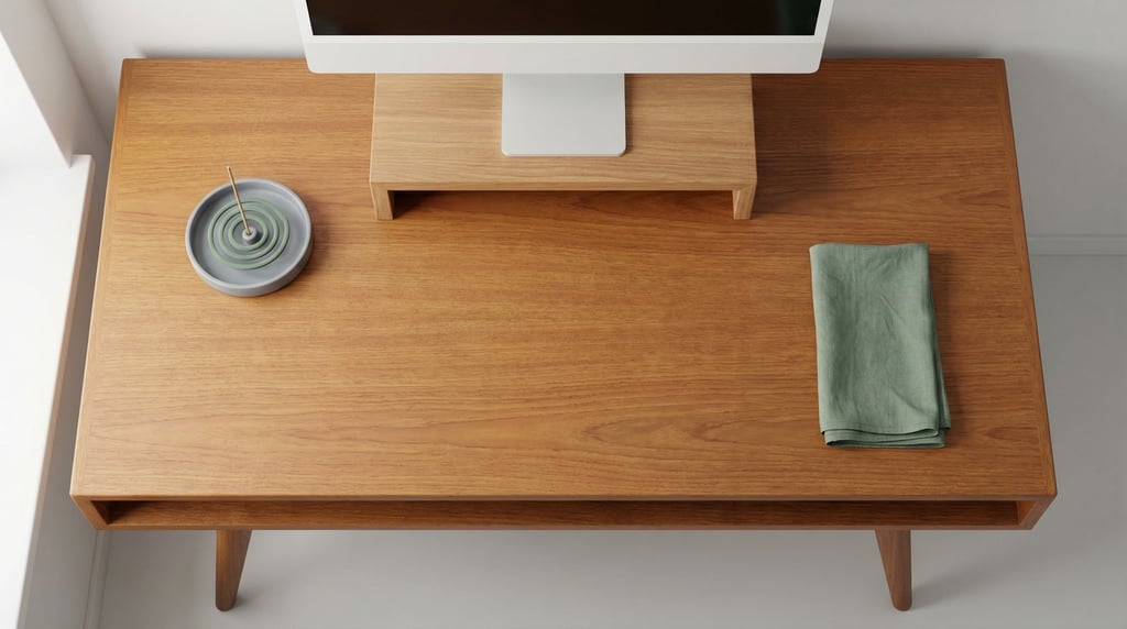 Overhead bird's-eye view looking directly down at a clean teak writing desk with mid-century tapered