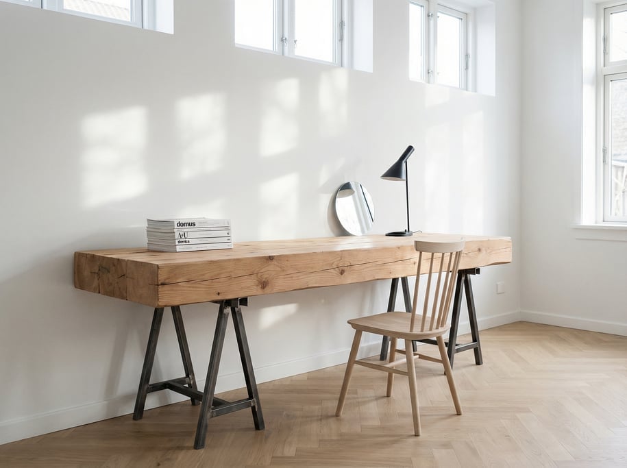 Wide-angle architectural shot of a serene morning workspace