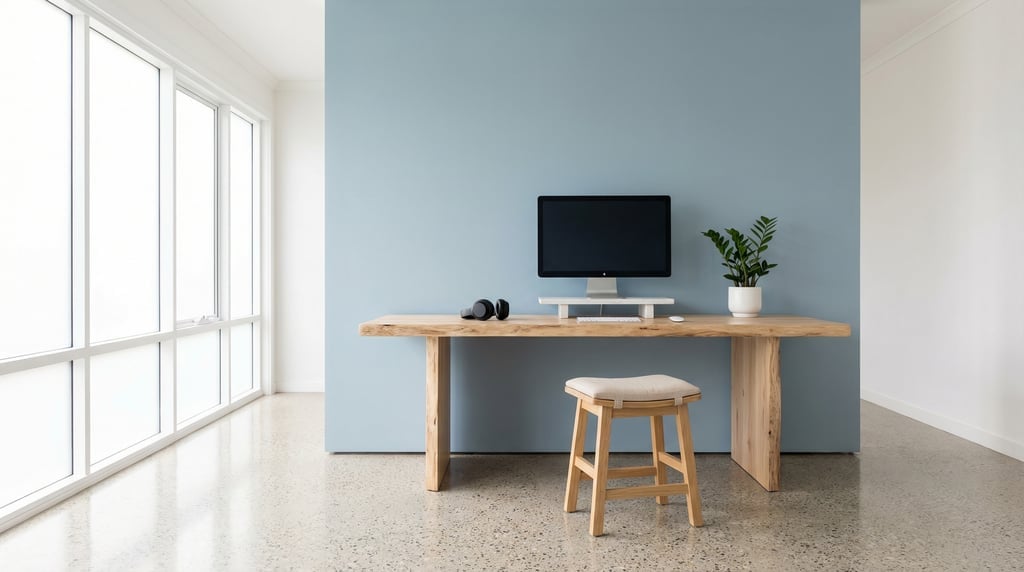 Pulled-back wide shot showing the full room with of a minimal illustration studio