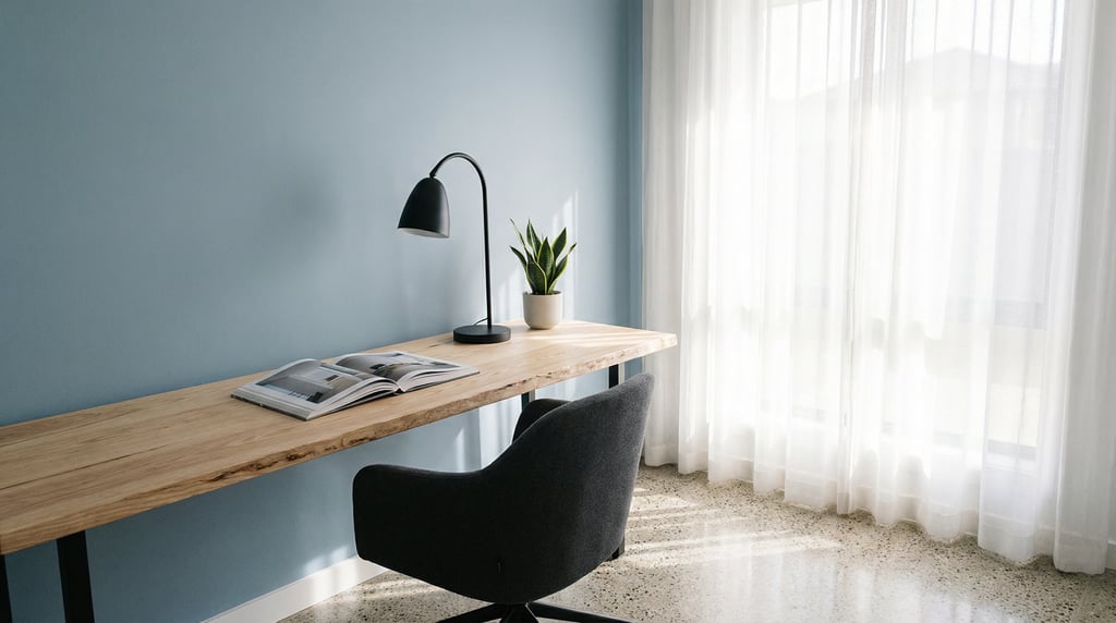 Pulled-back wide shot showing the full room with of a contemporary writing room