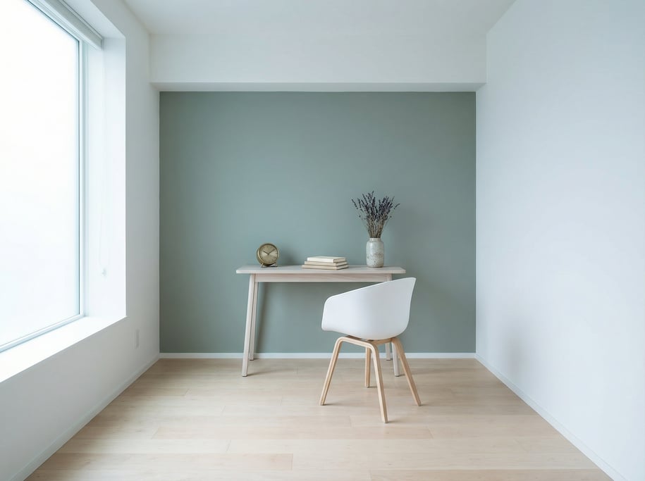 Pulled-back wide shot showing the full room with of a Japandi study room