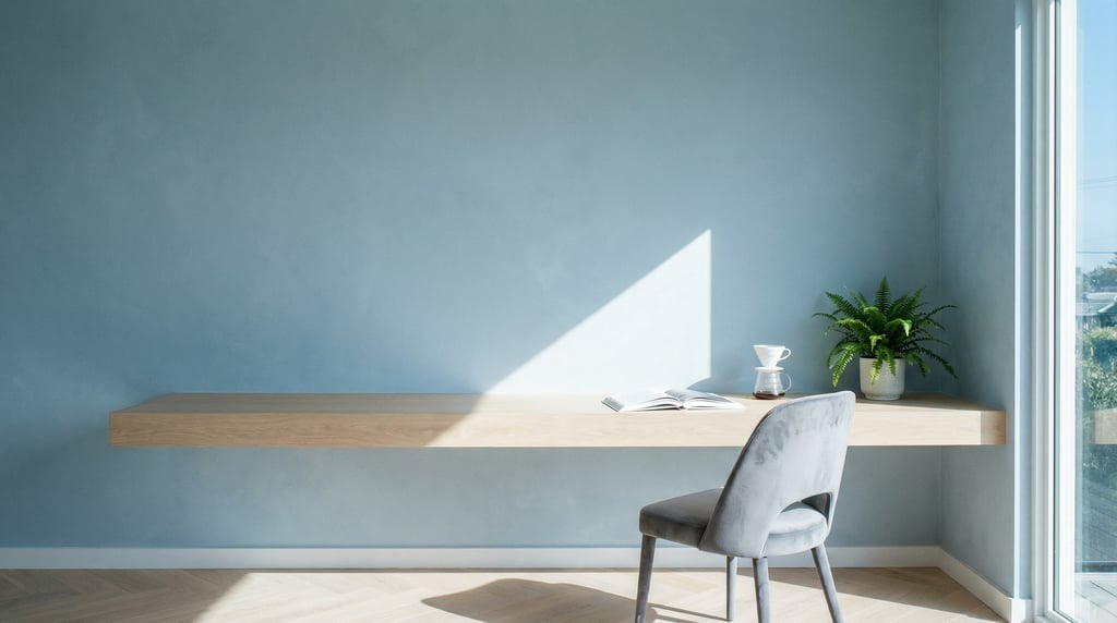 Straight-on architectural photograph of a coastal-inspired bright workspace