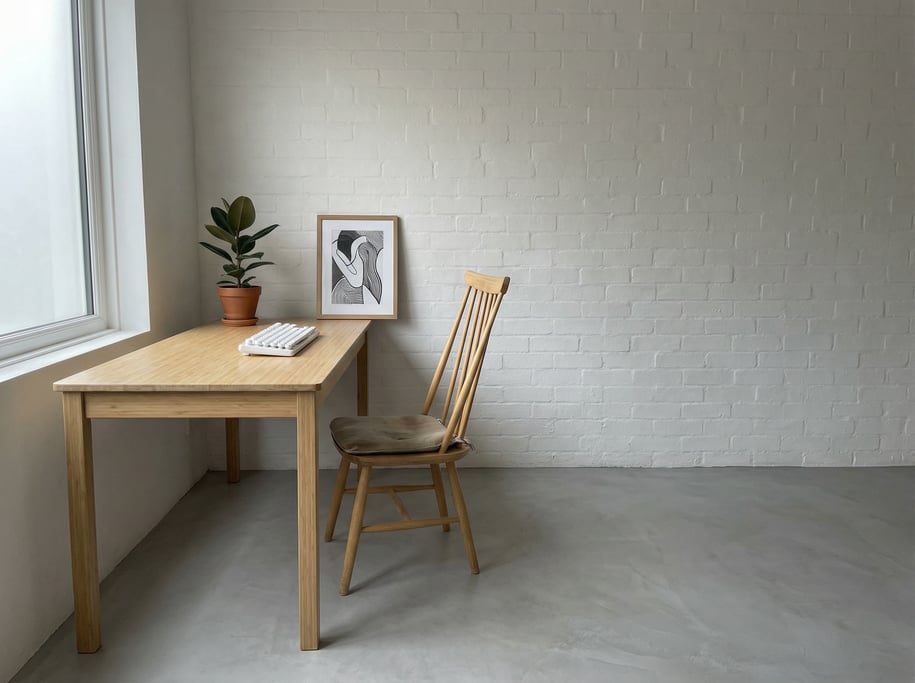 Low-angle photograph looking slightly upward at of a designer's minimal studio