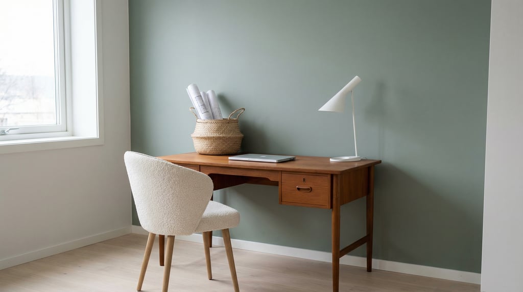 Low-angle photograph looking slightly upward at of a Scandinavian workspace nook
