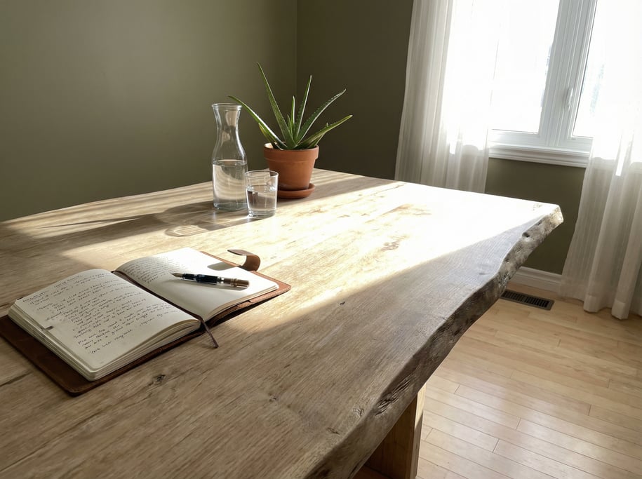 First-person perspective standing at the front edge of the desk