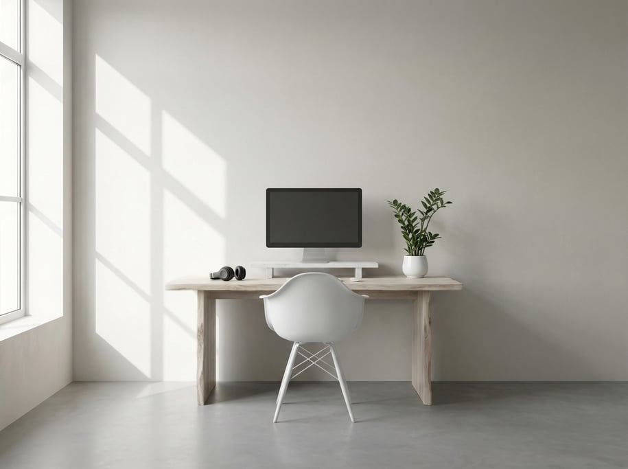 Frontal symmetrical view of a monochrome minimal office