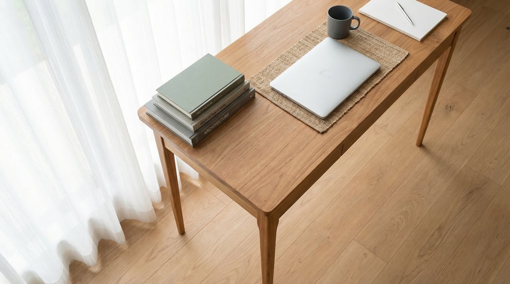 Overhead bird's-eye view looking directly down at a clean teak writing desk with mid-century tapered
