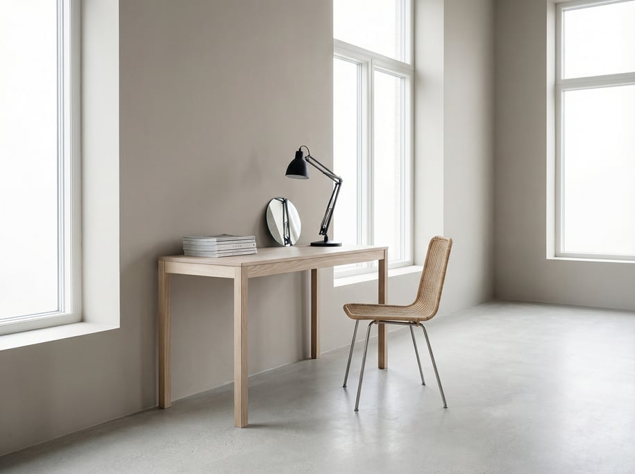 Wide-angle architectural shot of a zen-inspired workspace
