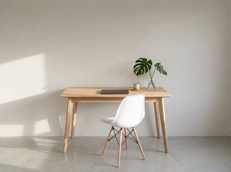 Frontal symmetrical view of a coastal-inspired bright workspace
