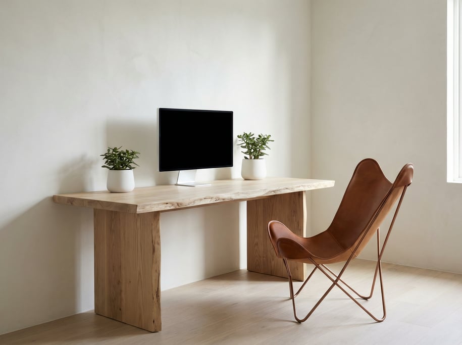 Close three-quarter angle of a Japandi study room