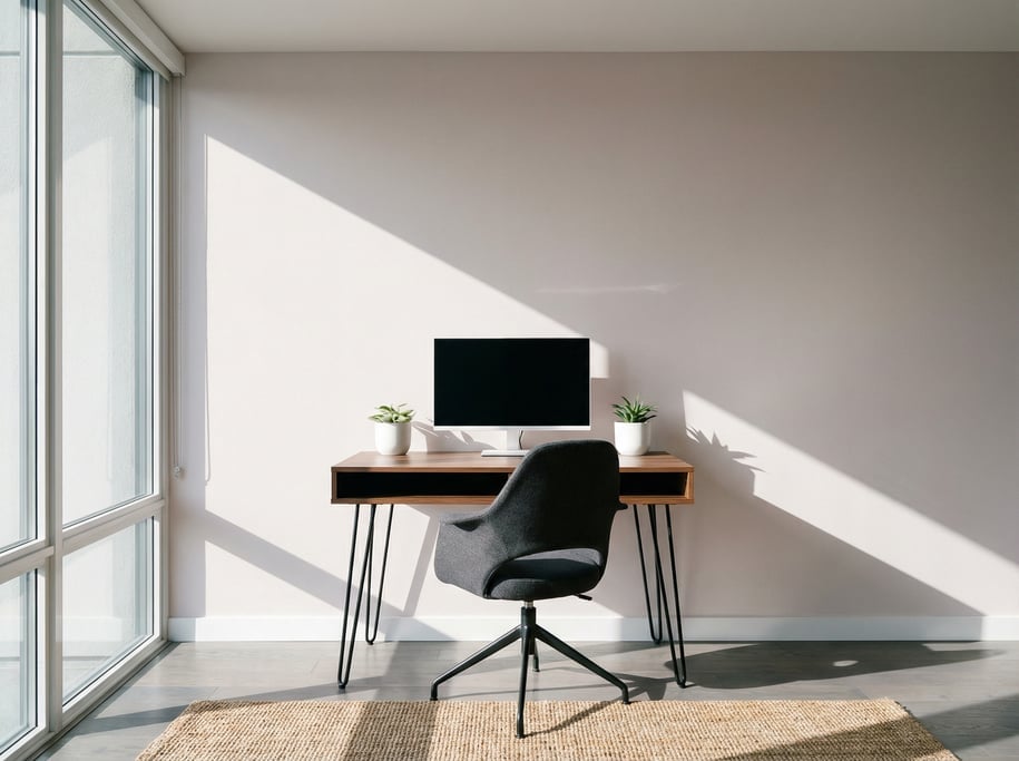 Frontal symmetrical view of a mid-century modern home office
