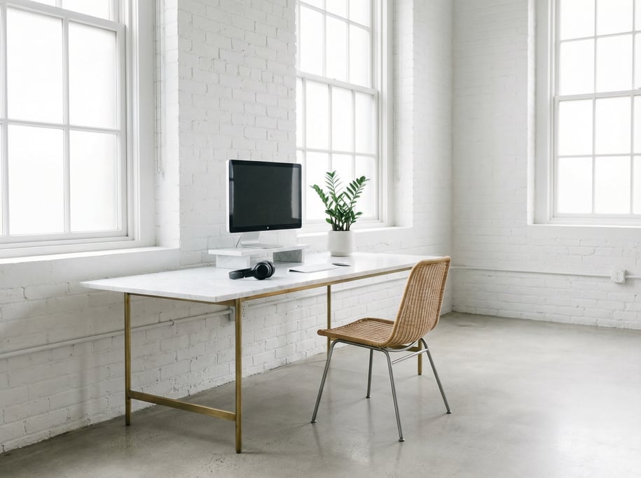Pulled-back wide shot showing the full room with of a Japandi study room