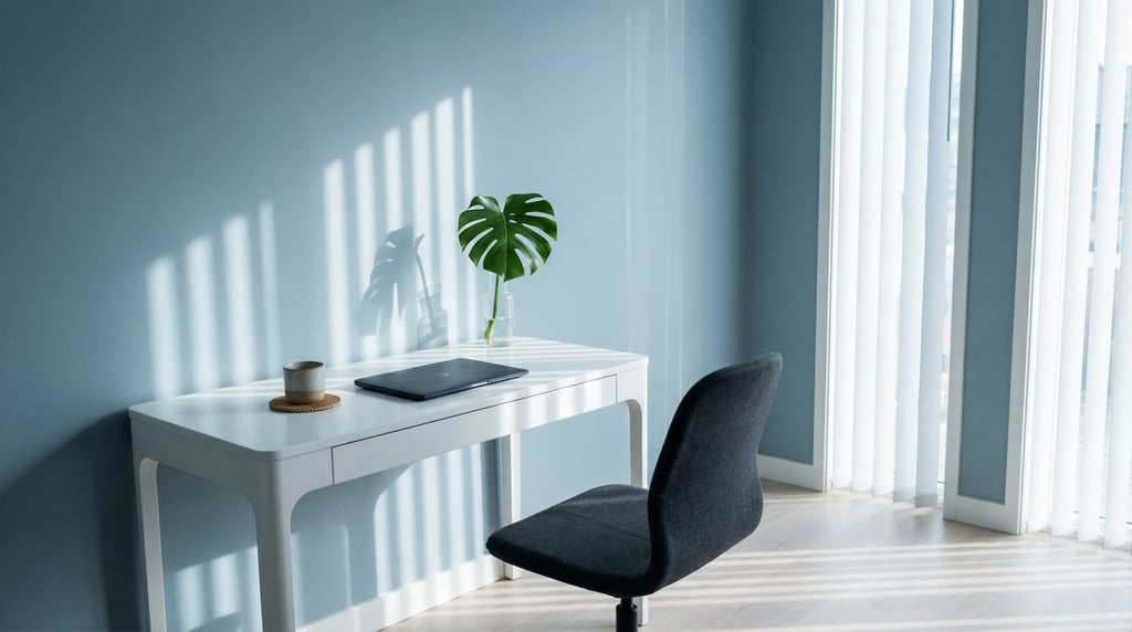 Pulled-back wide shot showing the full room with of a corner home office