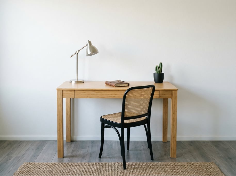 Wide straight-on photograph of a Bauhaus-inspired workspace