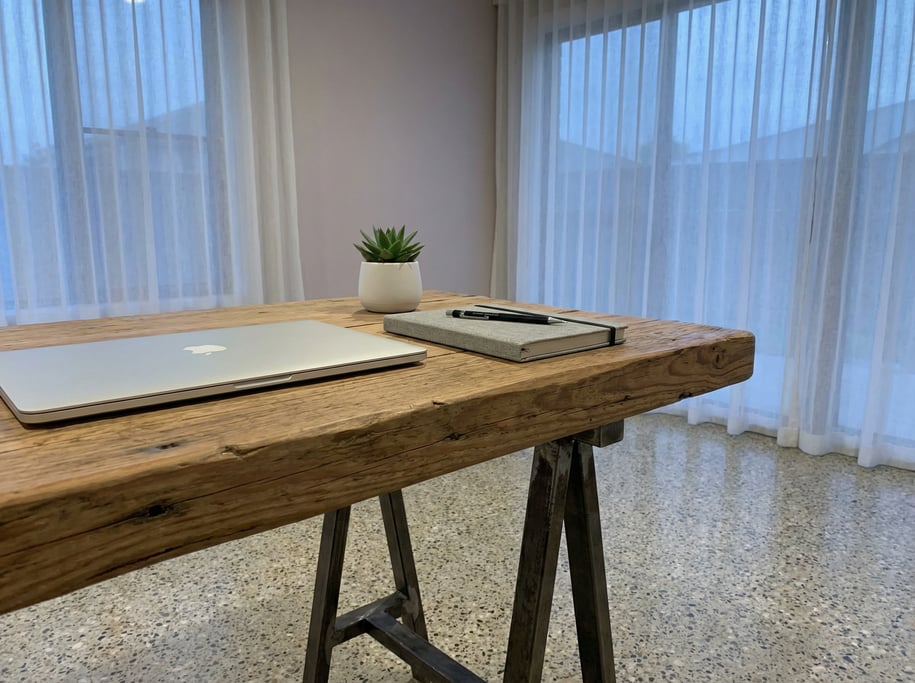 First-person perspective standing at the front edge of the desk