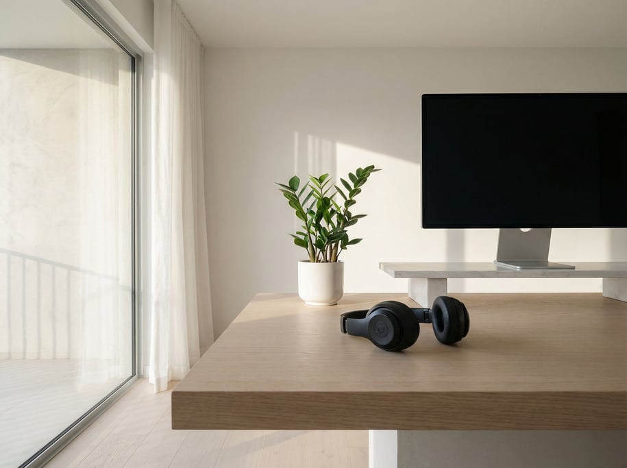 First-person perspective standing at the front edge of the desk