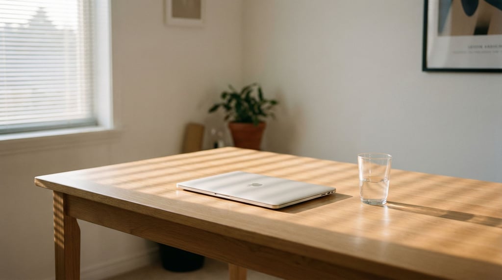 An empty minimal desk with just a closed laptop and a glass of water, clean white walls