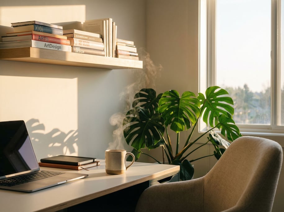 A home office corner with a monstera plant, books stacked on a floating shelf (qcoxajqp)