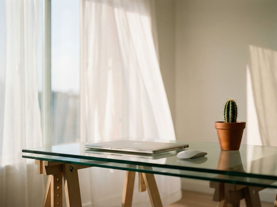 A glass-top desk with a slim laptop, wireless mouse, and a small cactus