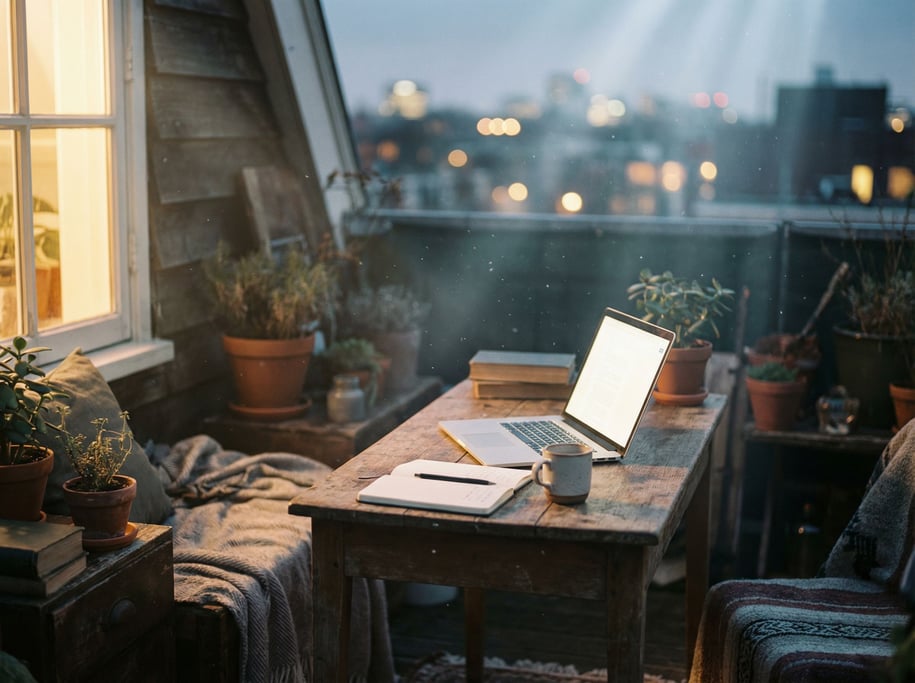 A rooftop workspace setup, laptop on a simple outdoor table, warm light, blurred city behind