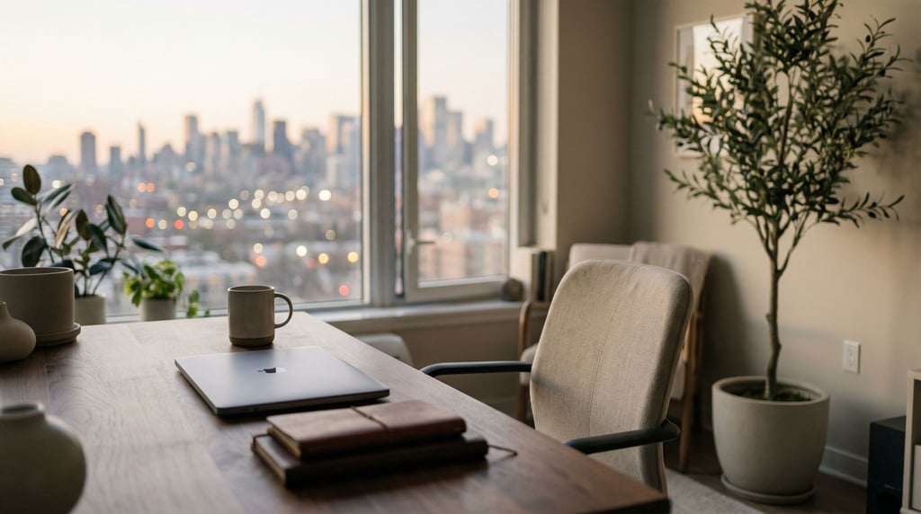 A modern studio apartment workspace, laptop on a walnut desk (9pbqcybc)