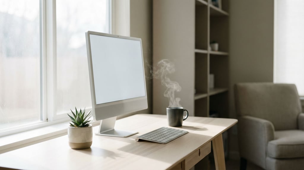 A sleek home office with a slim monitor on a white oak desk, wireless keyboard, single succulent