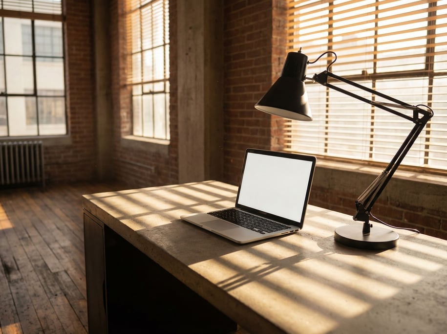 A minimal concrete desk with a laptop and a single architectural lamp, sharp clean lines