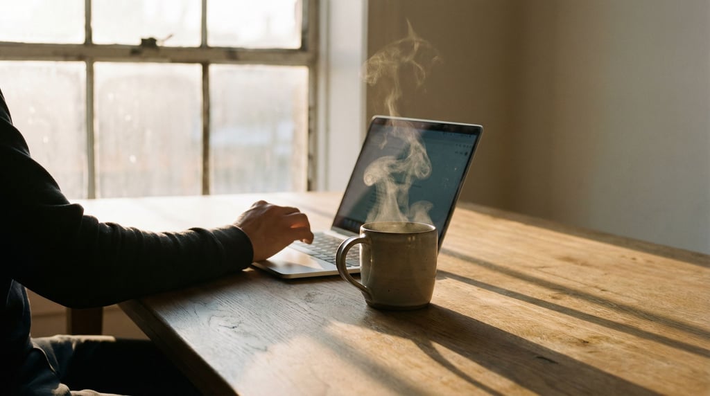 A clean minimal desk with a single laptop and ceramic coffee mug (li4mx6rr)