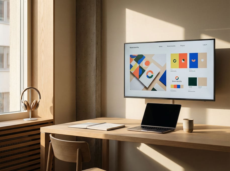 A modern creative studio with a large screen showing design work, clean desk