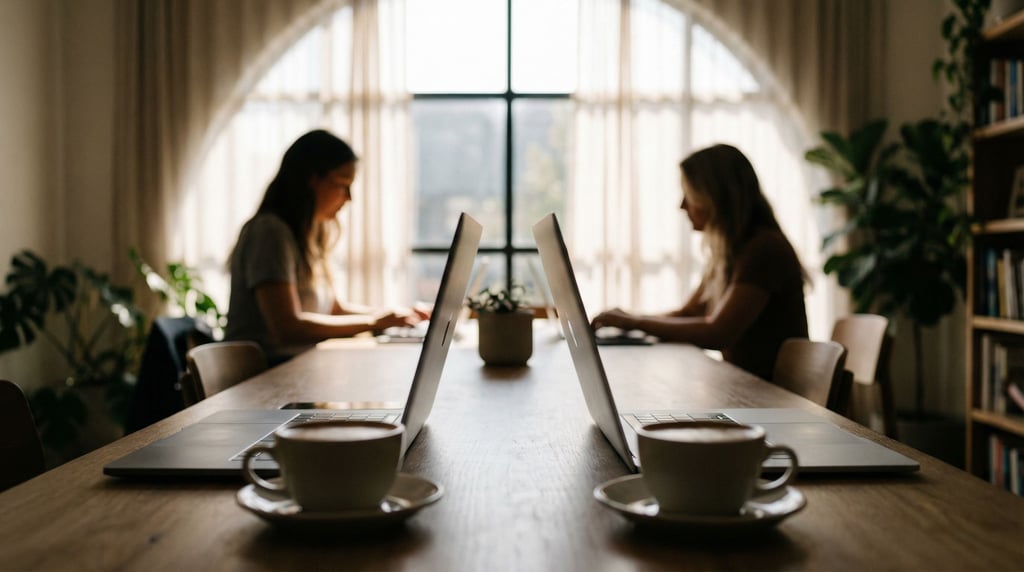A shared modern coworking table with two laptops facing each other, flat whites between them