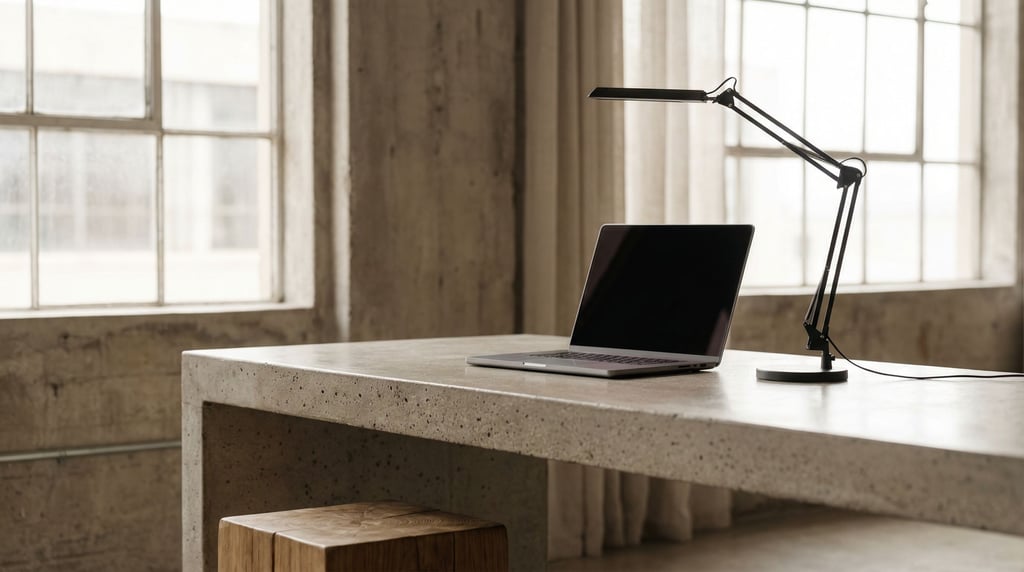 A minimal concrete desk with a laptop and a single architectural lamp, sharp clean lines (nqzsbynx)
