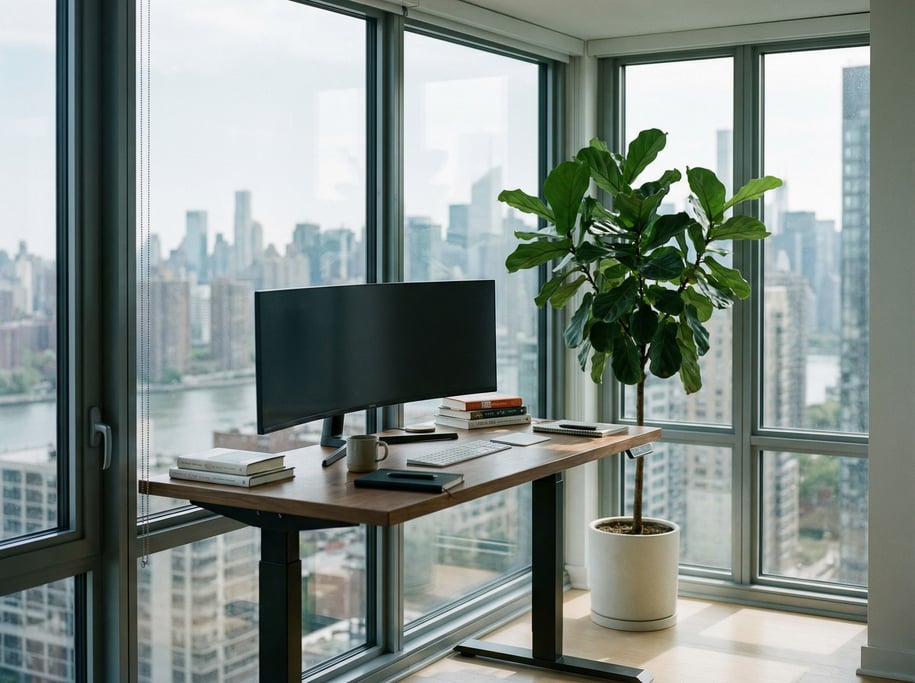 A modern standing desk near floor-to-ceiling windows, ultrawide monitor, single plant