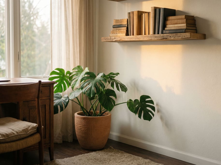 A home office corner with a monstera plant, books stacked on a floating shelf